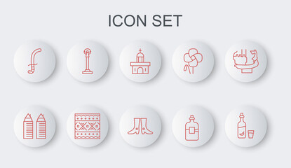 Set line Vodka with pepper and glass, Two towers in Dnipro, Church building, Bottle of vodka, Medieval sword, Monument Independence, Ukrainian ethnic pattern and footwear icon. Vector