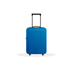 Blue plastic travel suitcase in flat style isolated on white. Travel bag.