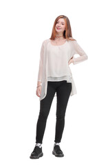 Pretty smiling joyfully female with fair hair, dressed casually