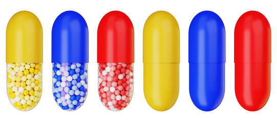 Assembly of capsule pills. 3d render. Set of multicolored capsule pills. Medication to relieve symptoms. Illustration of antibiotics for diseases in a cartoon style.