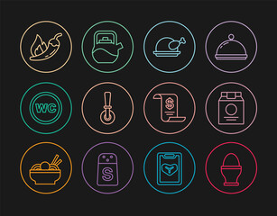 Set line Chicken egg on stand, Online ordering delivery, Roasted turkey chicken, Pizza knife, Toilet, Hot chili pepper pod, Paper financial check and Kettle with handle icon. Vector