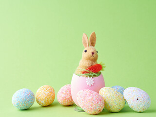 Happy Easter concept. Artificial cute bunny on the shells egg on green background. Copy space.