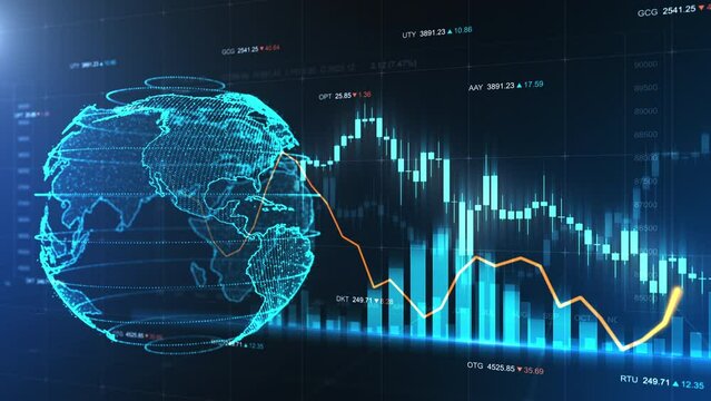 Stock market background with the globe map. Abstract financial information with charts, numbers and diagrams for marketing success concept. Seamless loop.