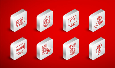 Set line Business man planning mind, Shield with dollar, Piggy bank, Hand giving money, Dollar plant, Laptop, House percant discount and Bank building icon. Vector