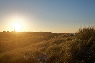 Sunset landscape of the Texel lighthouse. Navigation beacon for ships, Texel, Netherlands