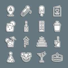 Set line Cake with burning candles, Champagne bottle, Cocktail shaker, Ice cream, Slice of pizza and Stereo speaker icon. Vector