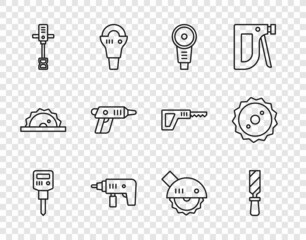 Set line Construction jackhammer, Rasp metal file, Angle grinder, Electric drill machine, Electrical hand concrete mixer, cordless screwdriver, circular saw and Circular blade icon. Vector