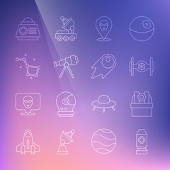 Set line Rocket ship, Astronomical observatory, Cosmic, Alien, Telescope, Great Bear constellation, Space capsule and Comet falling down fast icon. Vector