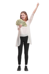 Happy female holding US dollars and gesturing happiness