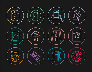 Set line Radar with targets on monitor, Passport, Metal detector in airport, Storm, Airplane window, Barrel oil, Airport runway and No cell phone icon. Vector