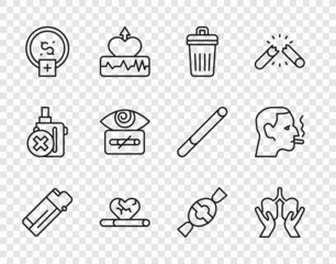 Fototapeta premium Set line Lighter, Lungs, Trash can, Heart disease with smoking, Stop smoking, money saving, Hypnosis, Candy and Man cigarette icon. Vector
