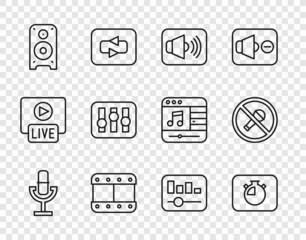 Set line Microphone, Stopwatch, Speaker volume, Play video, Stereo speaker, Sound mixer controller, Music equalizer and Mute microphone icon. Vector