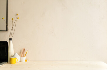 Design and stylish home office interior with office accessories, plant and empty desk space....