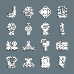 Set line Gauge scale, Photo camera for diver, Diving knife, Lifebuoy, Wetsuit scuba diving, Scallop sea shell, Snorkel and Flippers swimming icon. Vector