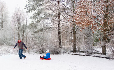 A man, a Caucasian, rolls a child on a sled in the snow. Winter weekend in the countryside with family