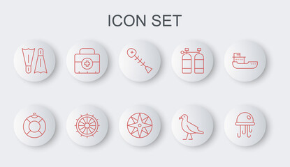 Set line Jellyfish, Lifebuoy, Dead, Bird seagull, Flippers for swimming, First aid kit, Ship steering wheel and Wind rose icon. Vector