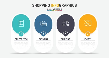 Concept of shopping process with 4 successive steps. Four colorful graphic elements. Timeline design for brochure, presentation, web site. Infographic design layout.