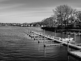 Commercial boat dock monochrome image