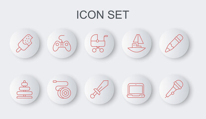 Set line Microphone, Pyramid toy, Baby stroller, Laptop, Ice cream, Gamepad, Yoyo and Sword icon. Vector