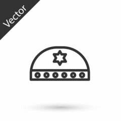Grey line Jewish kippah with star of david icon isolated on white background. Jewish yarmulke hat. Vector Illustration