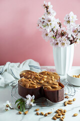 Colomba - traditional italian easter dove cake, process of decorating with hazelnut based glaze, macaranage, sprinkling with almonds,  woman shef hands.