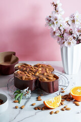 Colomba - traditional italian easter dove cake, process of decorating with hazelnut based glaze, macaranage, sprinkling with almonds,  woman shef hands.