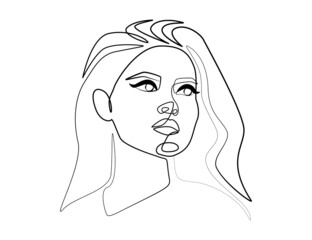 Abstract Woman face one continuous line drawing. Modern elegance female portrait in doodle linear style for print t-shirt, slogan design, fashion posters, postcards. Vector illustration