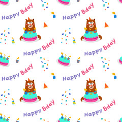 Seamless vector pattern. Background with holiday elements. Teddy bear with a cake, candles, and confetti.