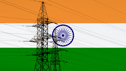Indian flag with electric tower and lines. Energy supply in India. High electricity prices. Power...