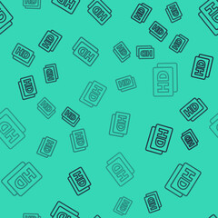 Fototapeta premium Black line Hd movie, tape, frame icon isolated seamless pattern on green background. Vector