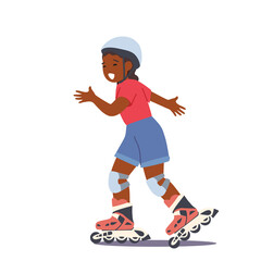 African Girl Riding Roller Skated, Happy Little Kid Sports Activity and Recreation. Child Character Wear Helmet Fun