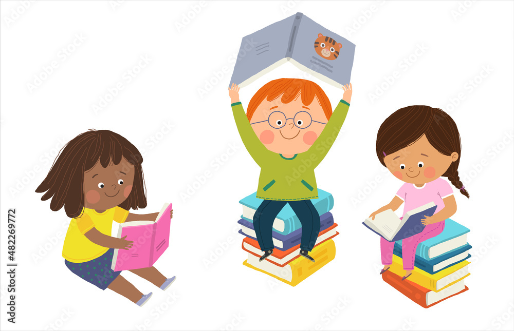 Wall mural happy cute boy and girl sitting on pile stack of books and reading, kids enjoying reading on floor, 