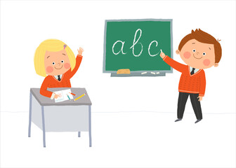 Cute preschool elementary school boy standing at the blackboard and writing abc letters. Cute girl raising her hand. Cartoon hand drawn10 illustration isolated on white in a flat style.