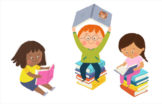 Happy cute boy and girl sitting on pile stack of books and reading, kids enjoying reading on floor, Cartoon hand drawn10 illustration isolated on white in a flat style.
