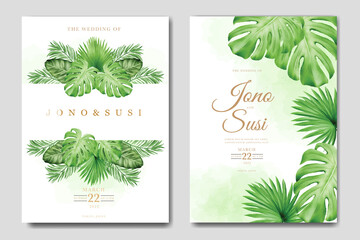 tropical leaves  watercolor wedding invitation card set