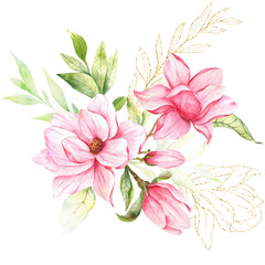 Magnolia Flower Watercolor Illustration, Magnolia Bouquet, Pink Magnolia Branch, Watercolor Floral Illustration isolated on white