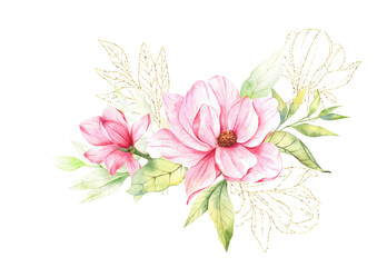 Magnolia Flower Watercolor Illustration, Magnolia Bouquet, Pink Magnolia Branch, Watercolor Floral Illustration isolated on white