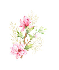 Obraz na płótnie Canvas Magnolia Flower Watercolor Illustration, Magnolia Bouquet, Pink Magnolia Branch, Watercolor Floral Illustration isolated on white