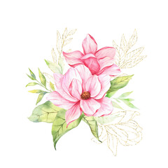 Magnolia Flower Watercolor Illustration, Magnolia Bouquet, Pink Magnolia Branch, Watercolor Floral Illustration isolated on white