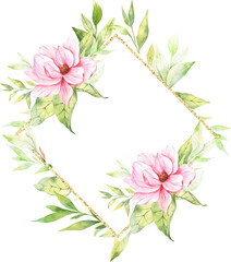 Watercolor Floral Frame. Magnolia Frame. Botanical Frames for Wedding Invitations. Magnolia Watercolor for floral greeting cards, bridal invites