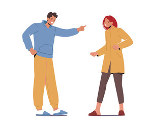 Unhappy Family Fighting. Angry Couple Characters Arguing Shouting Blaming Each Other. Husband and Wife Quarreling