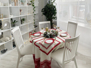 Homemade New Year's holiday table setting, family holiday concept