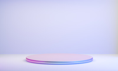 Hologram color podium circle display background pink blue light with clean wall in purple theme. 3D illustration rendering.