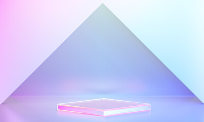 Box hologram color podium circle display background pink blue light with triangle frame in purple theme. 3D illustration rendering.