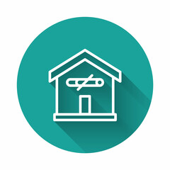 White line No smoking at home icon isolated with long shadow background. Area no smoking house. Green circle button. Vector