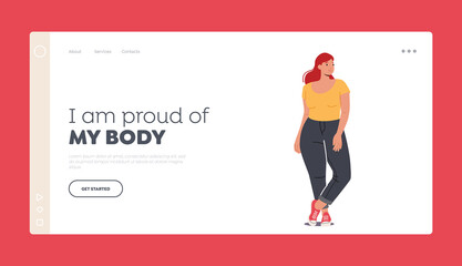 Plus Size Lady Fashion Landing Page Template. Sexy Plump Woman Dressed in Tight Black Jeans, Sneakers and Slinky Top