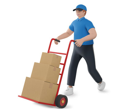 Delivery man pushing a trolley - 3D illustration