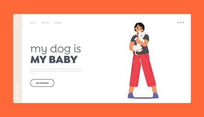 Friendship with Animal Landing Page Template. Girl Embrace Small White Puppy, Child Character Cuddle with Home Pet