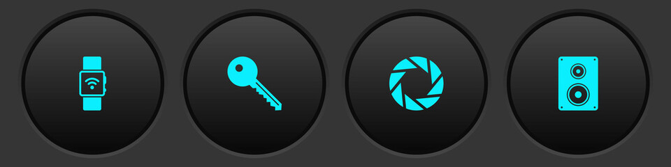 Set Smartwatch with wireless, Key, Camera shutter and Stereo speaker icon. Vector