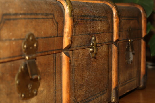 Old wooden vintage  chest close up